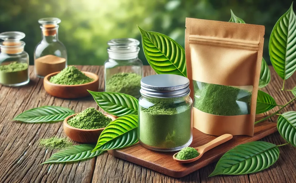 Kratom powder stored in eco-friendly jars and packaging, surrounded by fresh green Kratom leaves on a wooden table, emphasizing natural storage and sustainability.