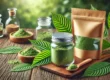 Kratom powder stored in eco-friendly jars and packaging, surrounded by fresh green Kratom leaves on a wooden table, emphasizing natural storage and sustainability.