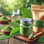 Kratom powder stored in eco-friendly jars and packaging, surrounded by fresh green Kratom leaves on a wooden table, emphasizing natural storage and sustainability.