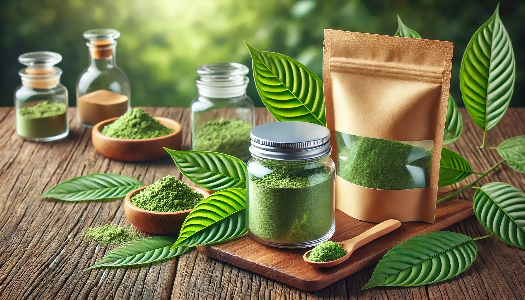 Kratom powder stored in eco-friendly jars and packaging, surrounded by fresh green Kratom leaves on a wooden table, emphasizing natural storage and sustainability.