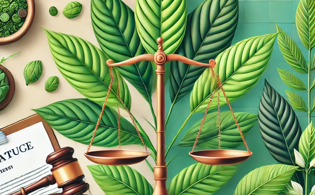 Illustration der Waage der Justiz vor einem Hintergrund aus Kratom-Blättern, die den rechtlichen Status von Kratom und dessen Regulierung symbolisieren.