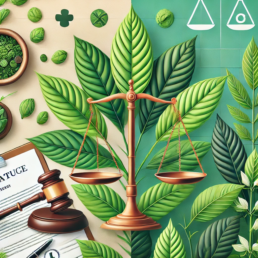 Illustration der Waage der Justiz vor einem Hintergrund aus Kratom-Blättern, die den rechtlichen Status von Kratom und dessen Regulierung symbolisieren.