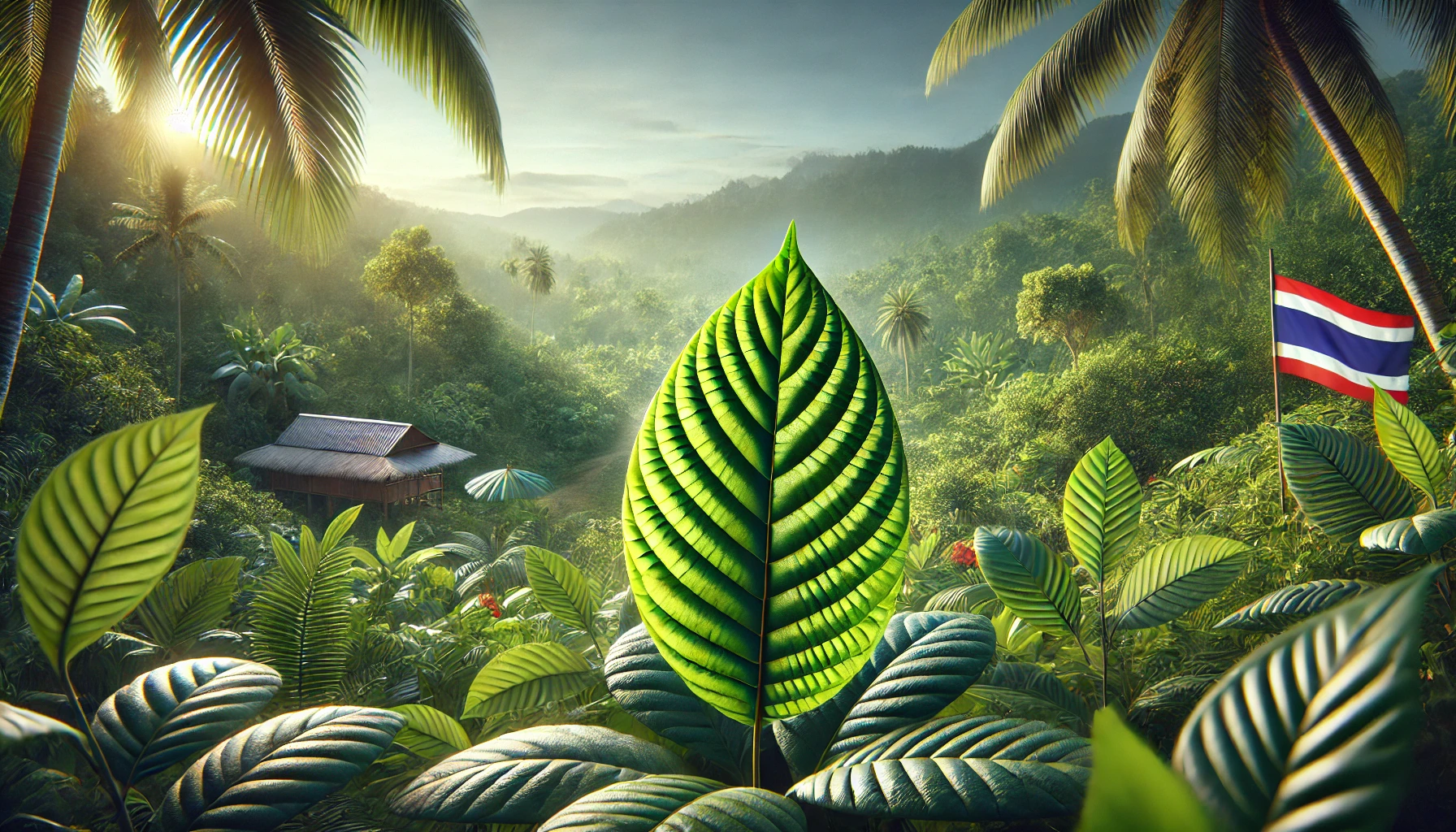 Close-up of a vibrant green Thai Kratom leaf against a natural backdrop, highlighting the detailed texture and freshness for a Thai Kratom blog cover.